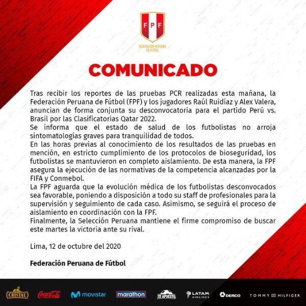 El comunicado de la Federación Peruana de Fútbol confirma los dos contagiados de Covid-19 previo al duelo con Brasil por Eliminatorias Qatar 2022. Foto: FPF