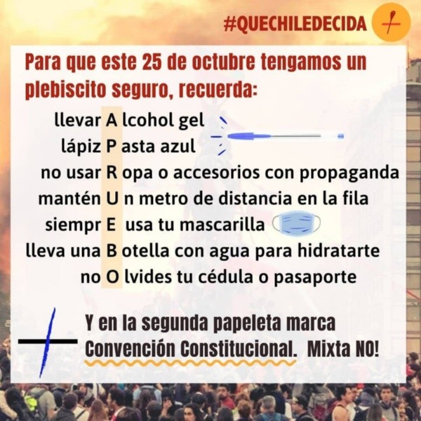 Agrupaciones recomiendan no ir a votar con prendas alusivas a las opciones del Plebiscito Nacional | Foto: @quechiledecida