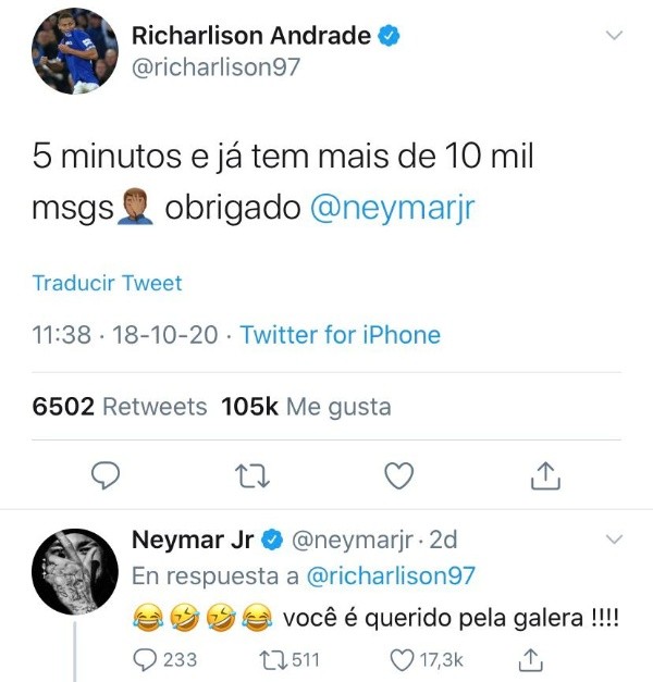 El twett de Richarlison y la graciosa respuesta de Neymar Jr (Twitter)