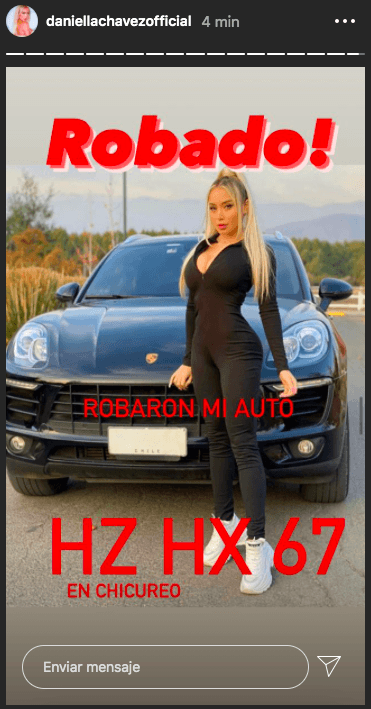 Una de las últimas historias compartidas por Daniella Chávez en su Instagram, dando cuenta del robo de su Porsche en Chicureo.