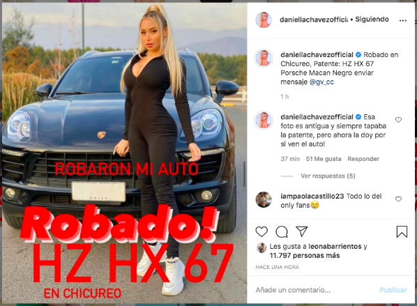 Una de las publicaciones con que Daniella Chávez reveló que fue asaltada la noche de este sábado.