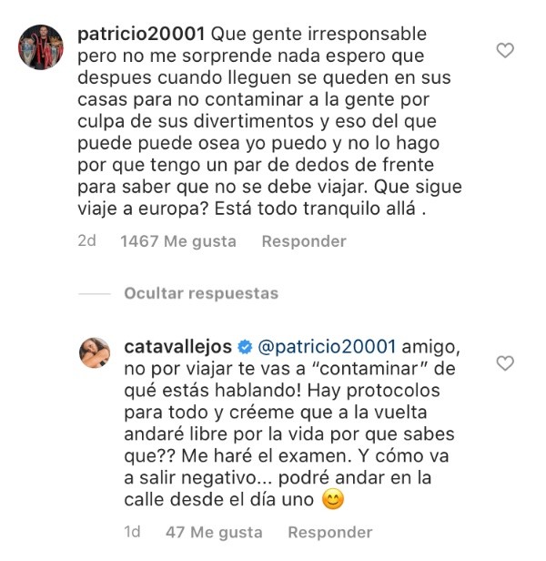 Las respuestas de Cata Vallejos a las críticas que recibió en Instagram.(1)