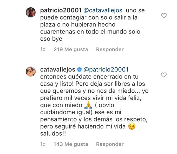 Las respuestas de Cata Vallejos a las críticas que recibió en Instagram.(2)