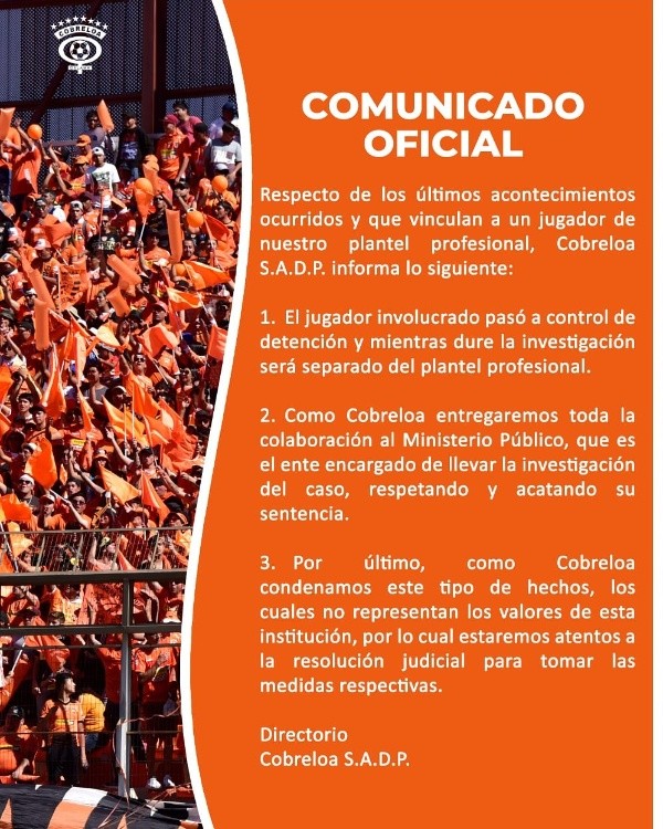 El comunicado de Cobreloa tras denuncias a un jugador por violación.