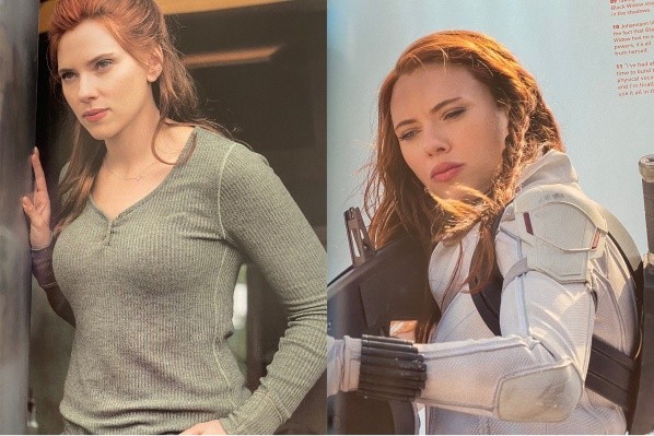 Scarlett Johansson con dos de los atuendo utilizados para &quot;Black Widow&quot;.