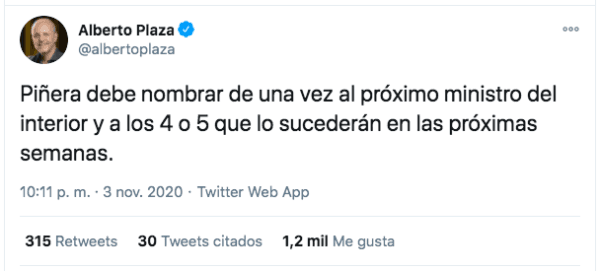 Los tuits lapidarios de Alberto Plaza burlándose del gobierno de Sebastián Piñera.(1)