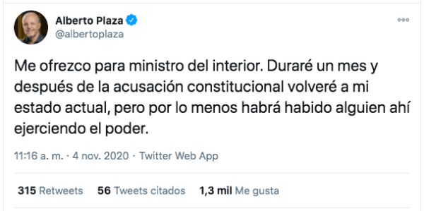 Los tuits lapidarios de Alberto Plaza burlándose del gobierno de Sebastián Piñera.(2)