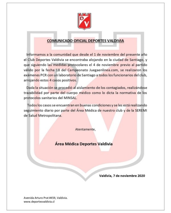 Deportes Valdivia confirmó cuatro casos positivos por coronavirus.