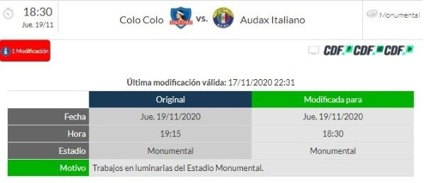 Colo Colo vs Audax Italiano con horario modificado