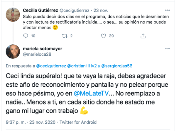 La reacción de Cecilia Gutiérrez y la respuesta de Mariela Sotomayor en Twitter.