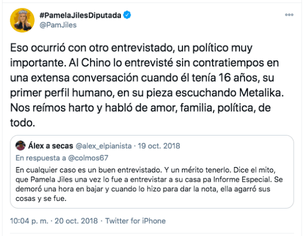 El tuit de Pamela Jiles sobre Marcelo Chino Ríos en 2018.