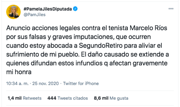 El tuit de Pamela Jiles en reacción a las acusaciones de Marcelo Ríos.