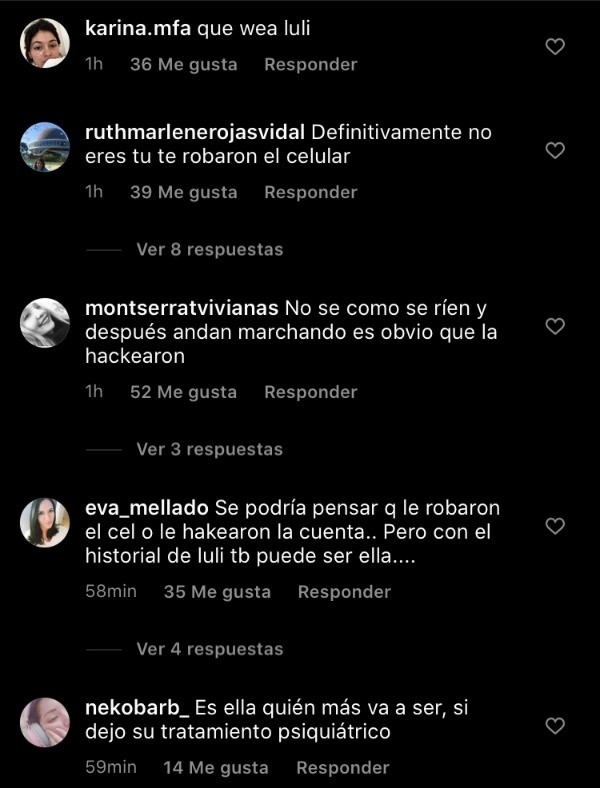 Los comentarios de seguidores de Nicole Luli Moreno en Instagram.(5)