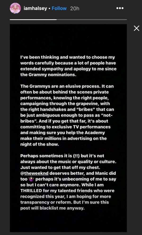 Halsey acusó en su Instagram a la academia de los Grammys