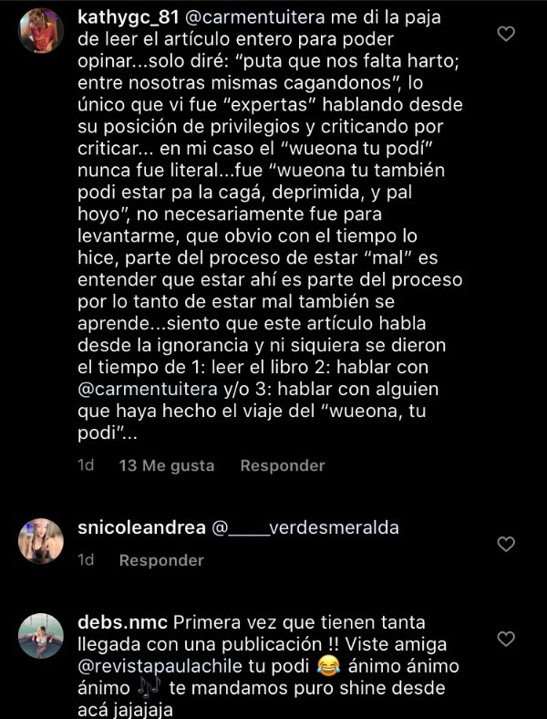 Los comentarios de apoyo en Instagram de Carmen Tuitera.(5)