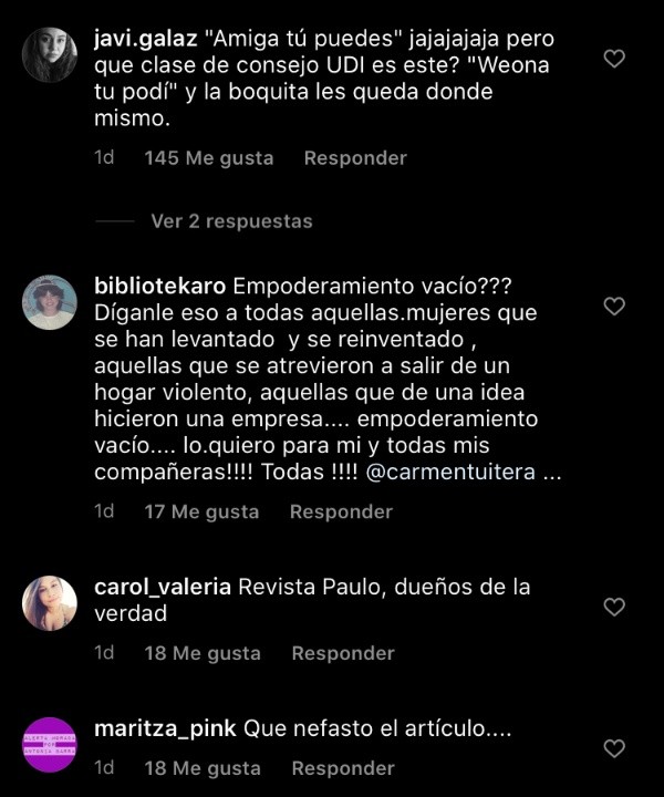 Algunas de las seguidoras de Carmen Tuitera que llegaron a comentar en el Instagram de la Revista Paula.(6)
