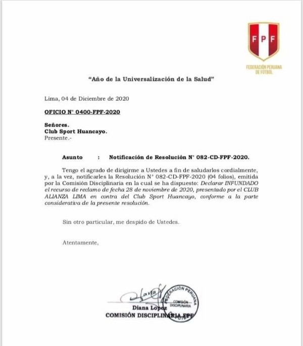La respuesta de la Federación Peruana de Fútbol al reclamo de Alianza Lima.