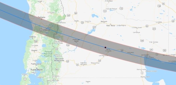 La zona sombreada indica los lugares donde se podrá ver el eclipse de manera total.