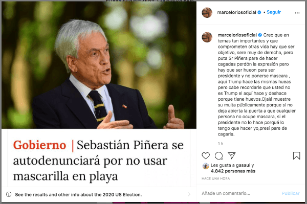 La publicación de Instagram con la que Marcelo Chino Ríos disparó contra del Presidente Piñera, por no usar mascarilla en Cachagua.