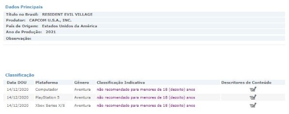 Resident Evil 8, clasificación en Brasil