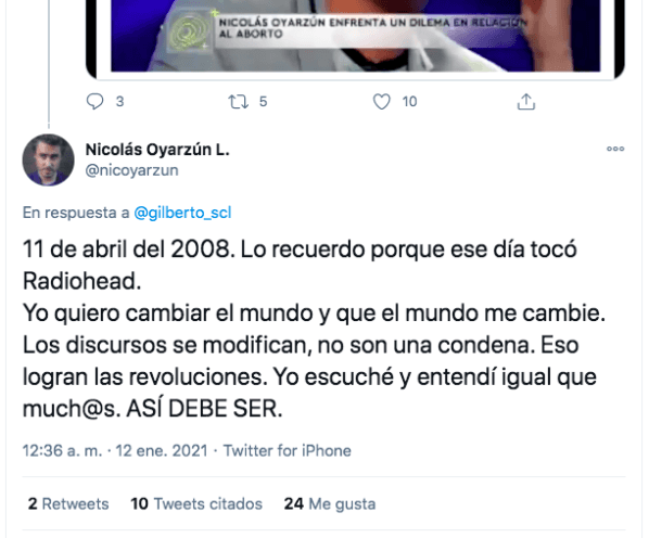La reacción de Nicolás Oyarzún ante la viralización de sus dichos sobre el aborto libre.