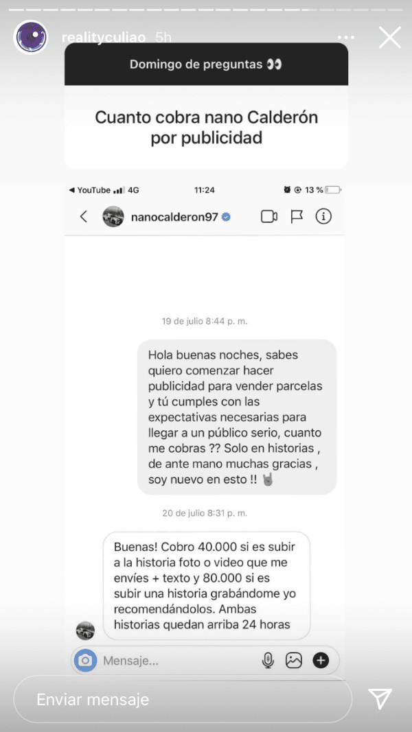 El pantallazo compartido por @realityculiao sobre los cobros de Nano Calderón por publicidad en Instagram.