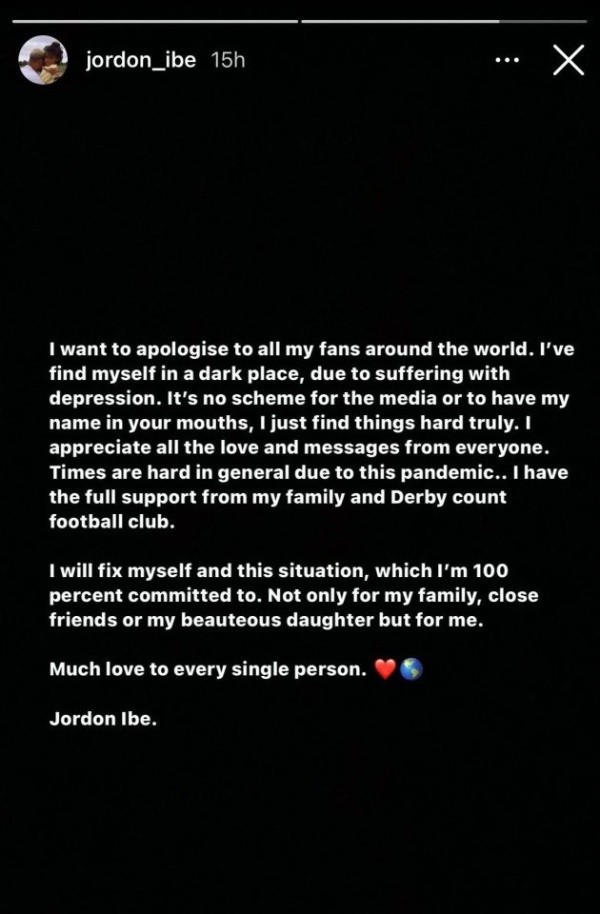El escrito de Jordon Ibe en su cuenta de Instagram