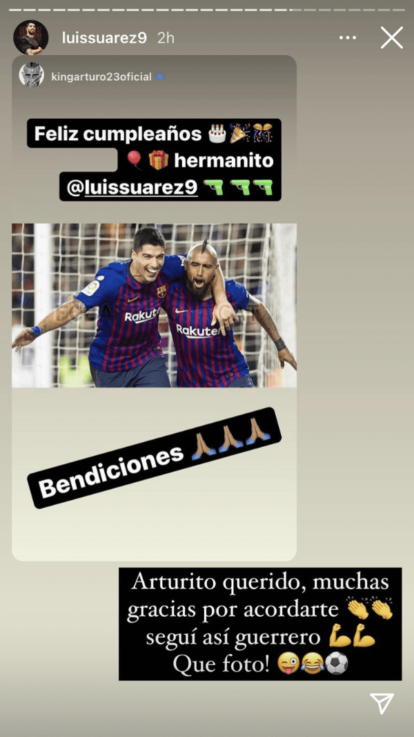 El mensaje de Suárez a Vidal en Instagram.