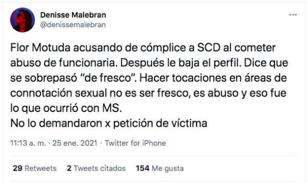 Los tuits de Denisse Malebrán cuestionando las declaraciones de Florcita Motuda en Chilevisión.(1)