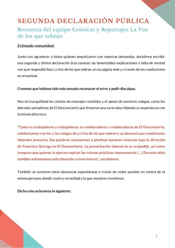 La declaración completa de los ex periodistas de La Voz de los que Sobran ante las declaraciones de Alejandra Valle.(1)