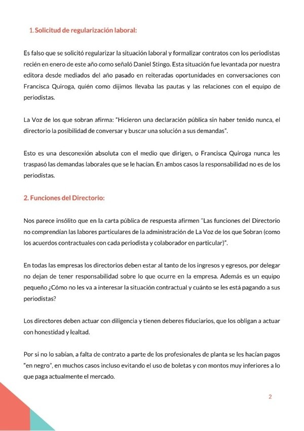 La declaración completa de los ex periodistas de La Voz de los que Sobran ante las declaraciones de Alejandra Valle.(2)