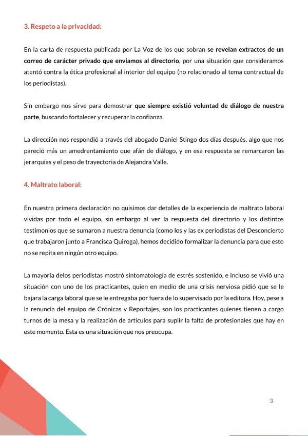 La declaración completa de los ex periodistas de La Voz de los que Sobran ante las declaraciones de Alejandra Valle.(3)
