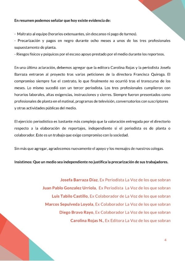 La declaración completa de los ex periodistas de La Voz de los que Sobran ante las declaraciones de Alejandra Valle.(4)