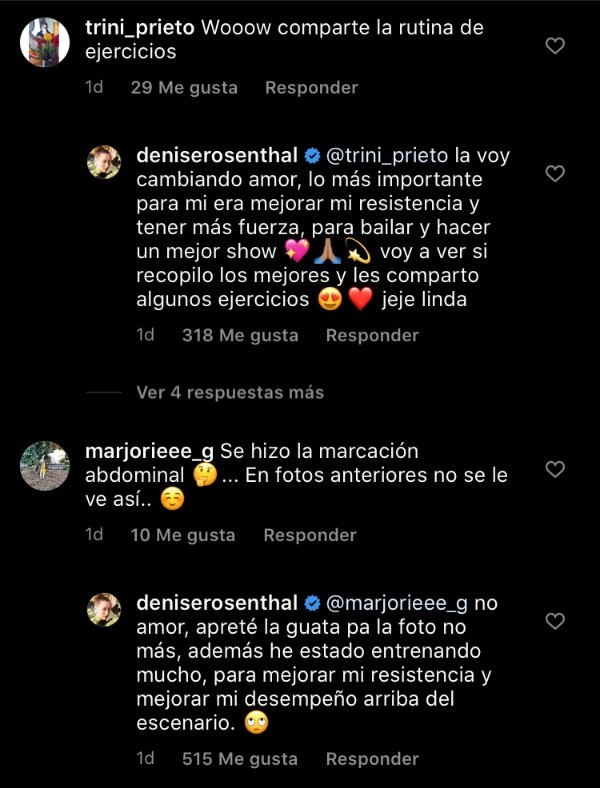 Las reacciones de Denise Rosenthal frente a los comentarios de sus seguidores en Instagram.