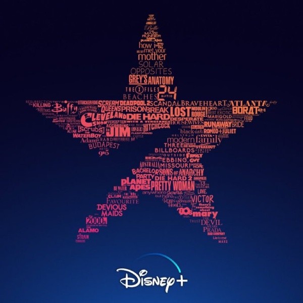 El logo de Star+, el servicio para adultos de Disney+, formado con los títulos de algunas de las series y películas que estarán disponibles en su catálogo.