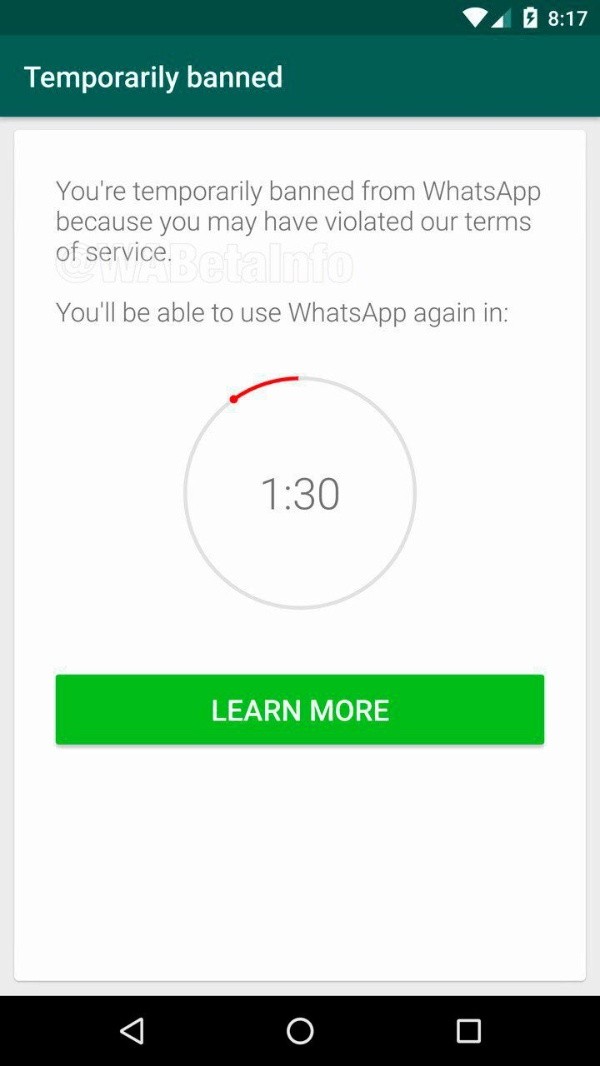 Esta es la notificación que ha aparecido en algunas pantallas de los usuarios de WhatsApp con sus cuentas &quot;suspendidas temporalmente&quot;.