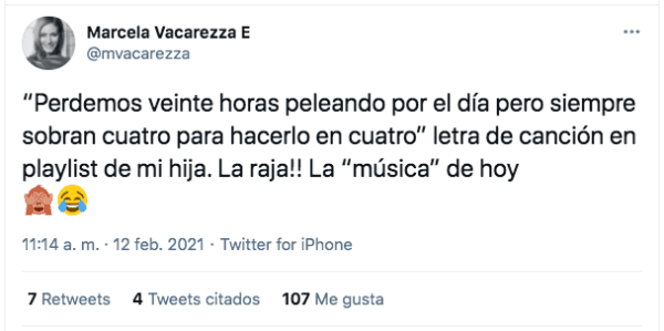 La escandalizada publicación de Marcela Vacarezza en su cuenta de Twitter, por la música que escucha su hija.