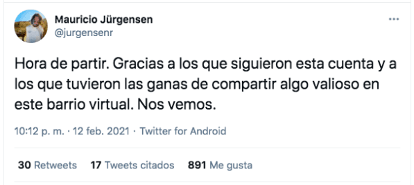 El mensaje con que Mauricio Jürgensen se despidió de Twitter.