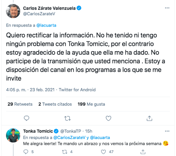 El afectuoso intercambio en Twitter que tuvo Carlos Zárate con Tonka Tomicic.
