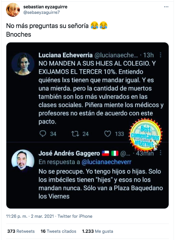 La pelea en Twitter de la actriz Luciana Echeverría y el periodista Sebastián Eyzaguirre.(1)
