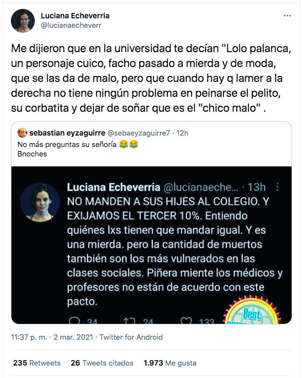 La pelea en Twitter de la actriz Luciana Echeverría y el periodista Sebastián Eyzaguirre.(2)