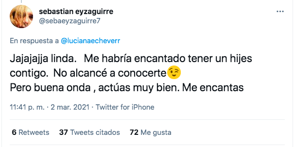 La pelea en Twitter de la actriz Luciana Echeverría y el periodista Sebastián Eyzaguirre.(3)