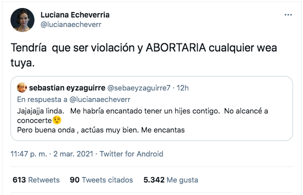 La pelea en Twitter de la actriz Luciana Echeverría y el periodista Sebastián Eyzaguirre.(4)