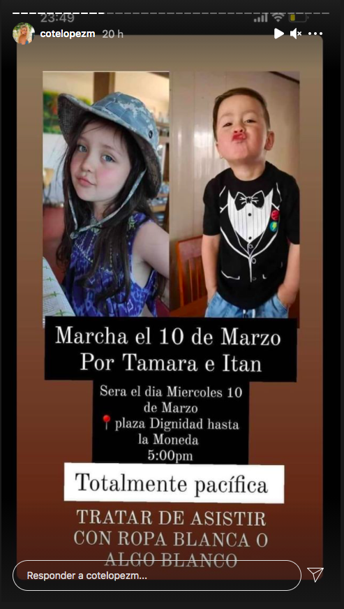 La invitación que compartió Cote López para apoyar la Marcha para pedir Justicia por  Tamara Moya.