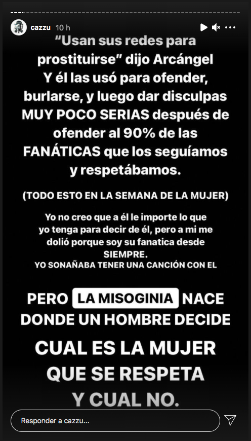 La iracunda publicación con que Cazzu reaccionó al mensaje machista de Arcángel y que publicó antes de la llamada telefónica.