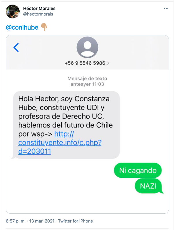 Héctor Morales molesto por la estrategia de campaña de la candidata constituyente UDI Constanza Hube.(2)