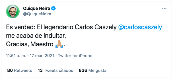 Quique Neira celebra el indulto concedido por el histórico de Colo Colo Carlos Caszely y comparte evidencias del perdón.(1)