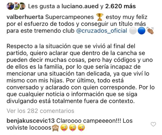 La reacción de Valber Huerta tras la Supercopa de la Católica contra Colo Colo.