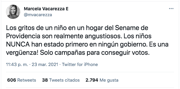 El tuit de Marcela Vacarezza ante la situación denunciada en el Sename de Providencia.