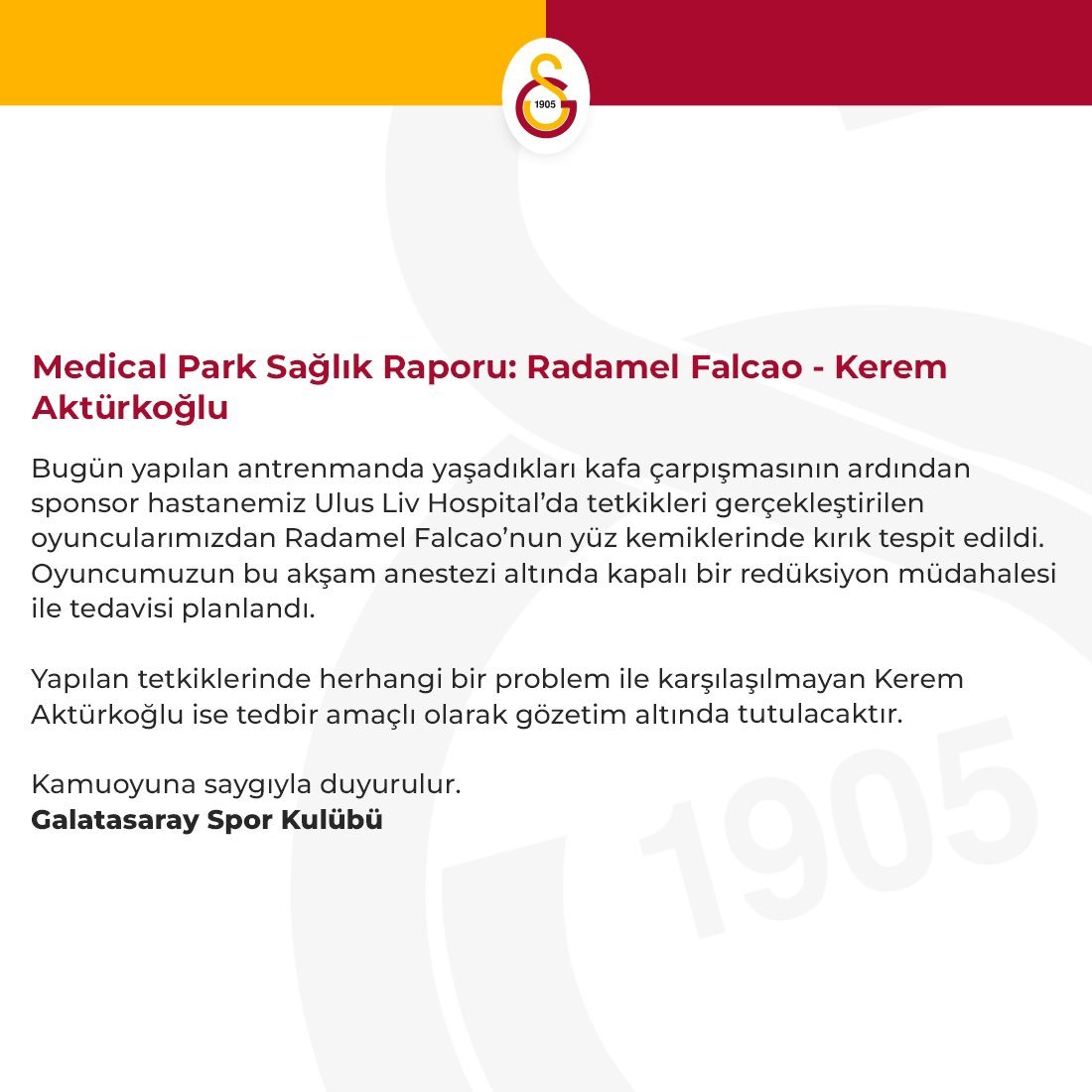 Parte médico de Radamel Falcao publicado por Galatasaray